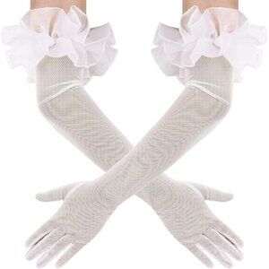 Women's Long Ivory Ruffle Puff Cuff Sleeve Mesh Gloves Wedding Party Costume